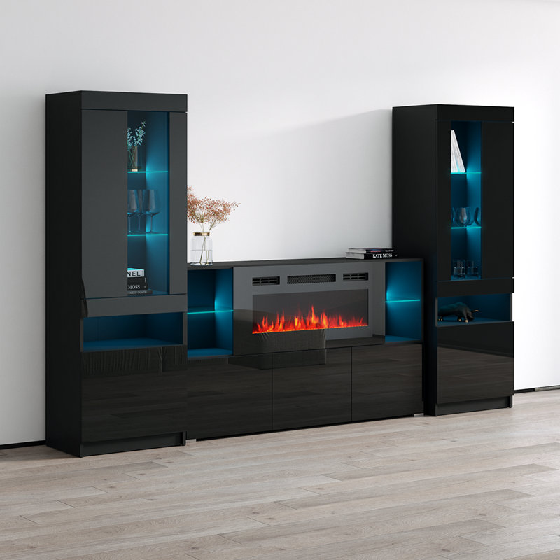 Camberlynn 110.2" Modern Entertainment Center with Electric Fireplace, High Gloss Finish, Media Storage, Black