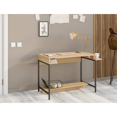 Modern Study Desk with Metal Legs, Sapphire Oak & Black, 44.5 x 29.1 x 22.4 inches | 100% Melamine Coated Particle Board, Thickness: 0.7 inches | Wall-Mountable, Numerous Shelves, Perfect for Home Office & Study Spaces