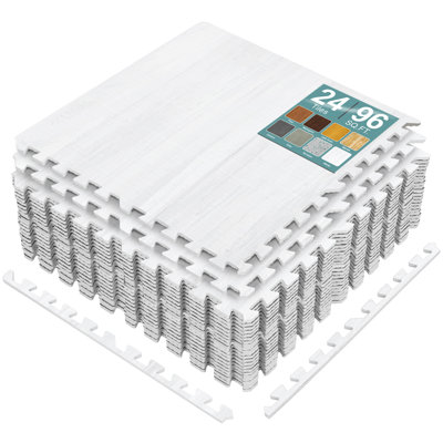 Sorbus Waterproof Wood Grain Foam Floor Tiles, 24 Tiles, 96 Sq Ft, Interlocking, White