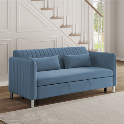 Classic Design 1pc Convertible Sofa Bed With Pillows Blue Velvet Upholstered Metal Feet Versatile Living Room Furniture