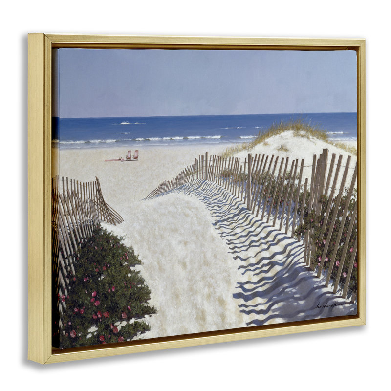 Art mural sur toile, "Chemin clôturé à la plage" par Zhen-Huan Lu, H 17 po x l 21 po, Cadre flottant métallique doré