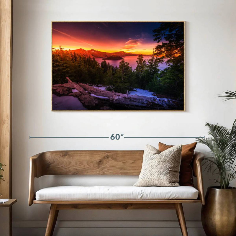Majestic Crater Lake Sunset, Cadre flottant en bois naturel, 46 po x 31 po
