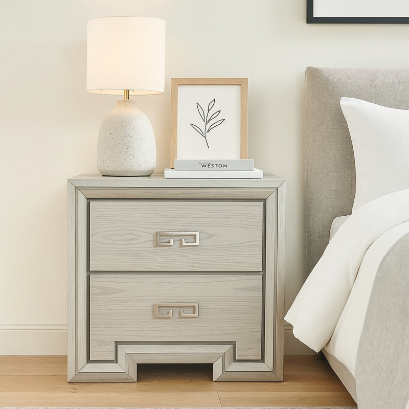 Basil Nightstand, 2 Drawers, Rustic White Solid Wood, 29 Inch