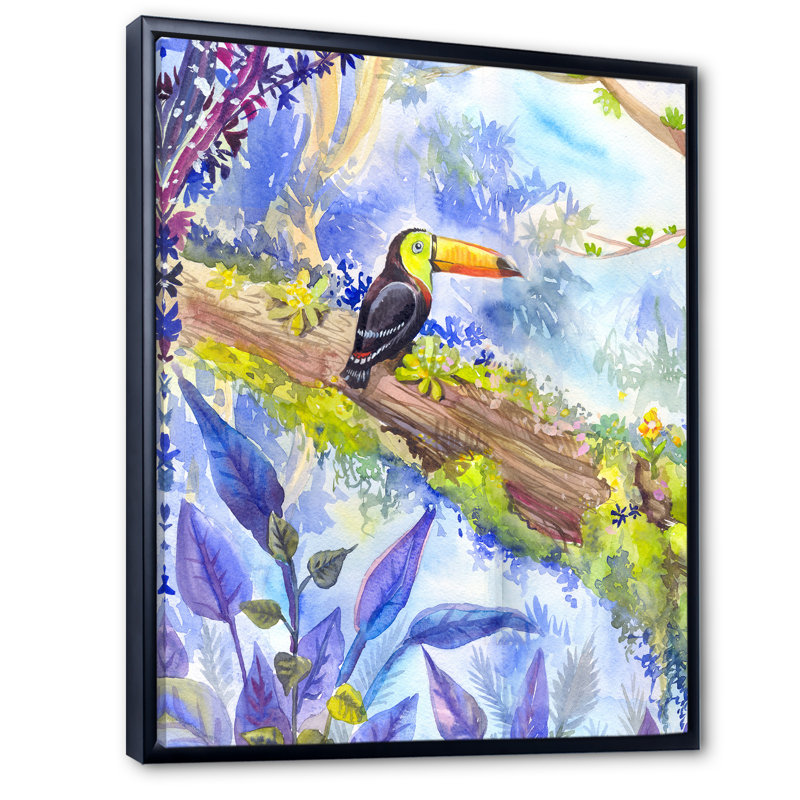 Toucan tropical dans la forêt - œuvre d'art traditionnelle sur toile, H 32 po x l 16 po x P 1 po, Cadre flottant noir