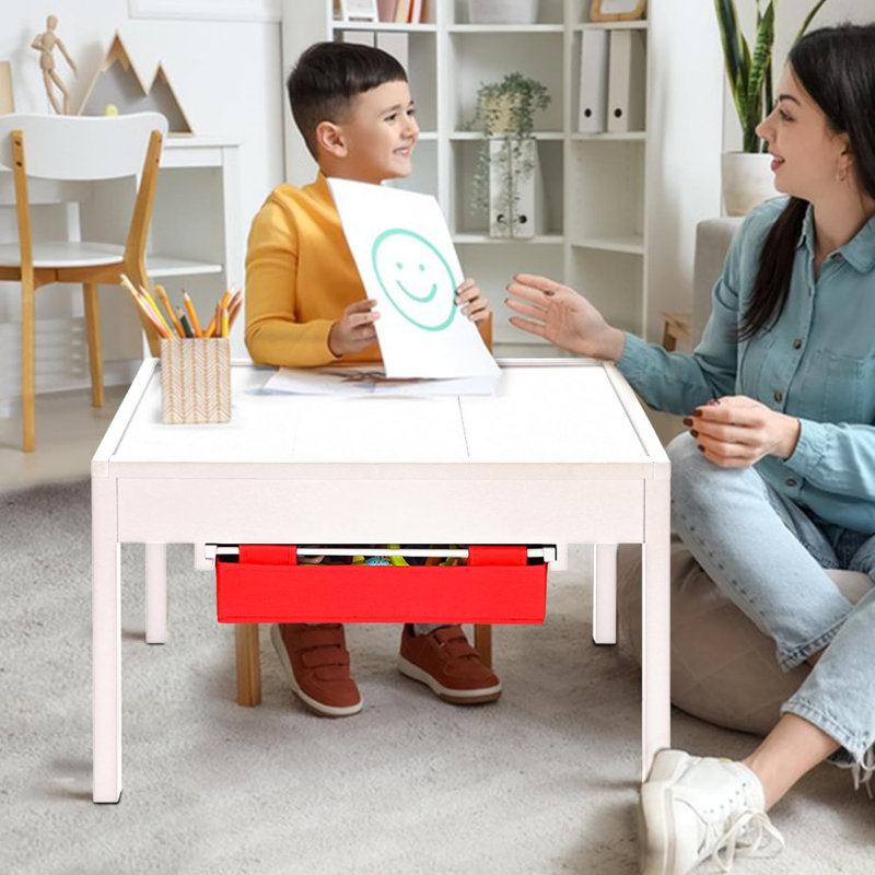 2-in-1 Kids Activity Table With Storage Drawers, Wooden Children's Play Table With Double-sided Brick & Blackboard Tabletop For Playrooms, White