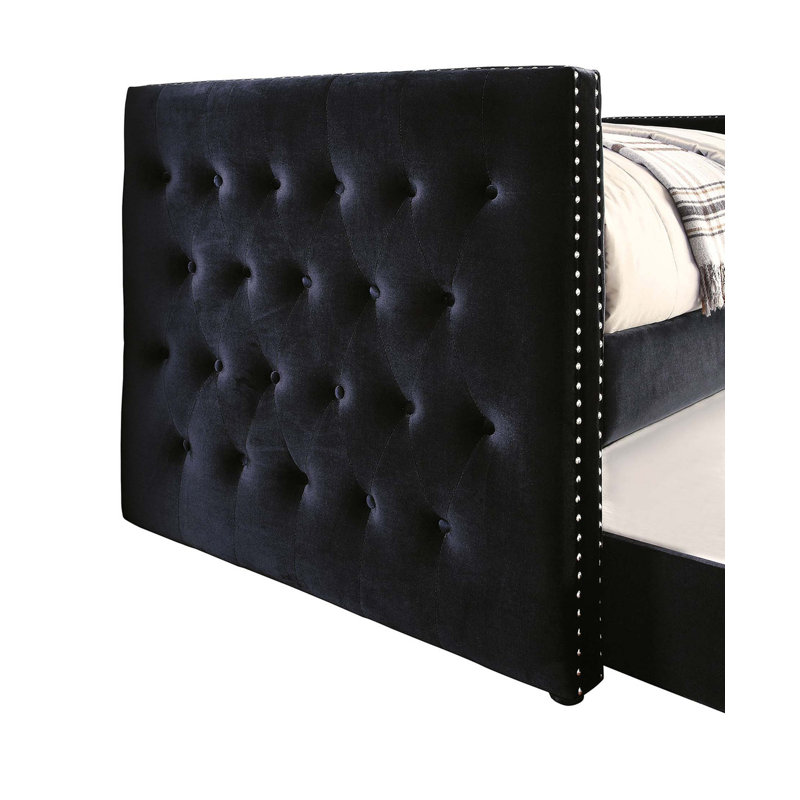 Transitional Style Daybed With Trundle Padded Button Tufted Upholstery Nailhead Trim Included Slat Kit Tuxedo Design, Black