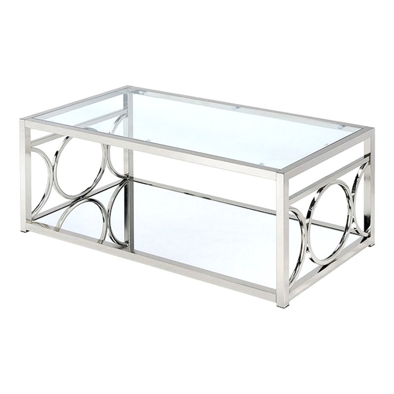 Table basse Paire de 47 po, plateau en verre, tablette inférieure en miroir, détails en métal