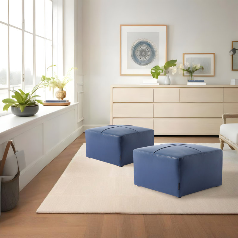 Hustle 56.1Cm Wide Genuine Leather Rectangle Footstool Ottoman, Navy Blue