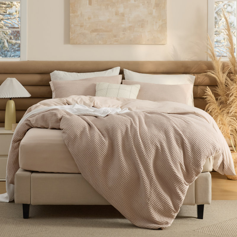  Bedsure 100% Cotton Duvet Cover Queen Size with Fitted Sheet - Waffle Weave Bedding Set （Set of 4）, Khaki
