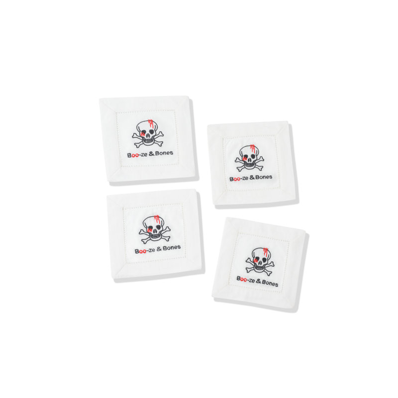 "Boo-ze & Bones" Cocktail Napkins Set, Black/Red Boo-ze & Bones