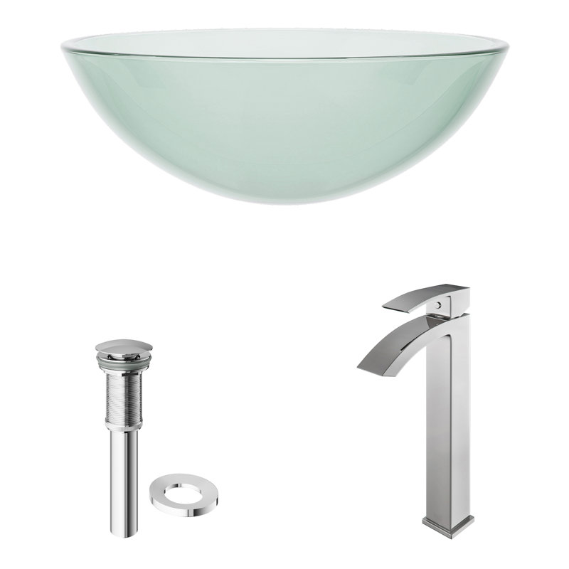Giovanni Giovanni Round Glass Vessel Bathroom Sink with Faucet, Iridescent, Chrome