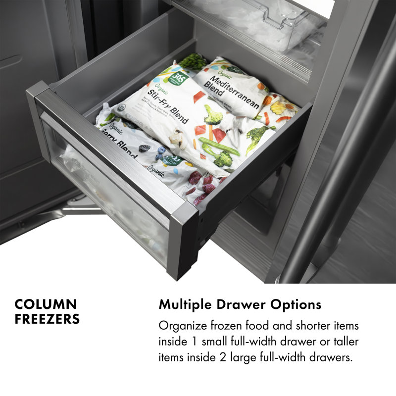 ZLINE Autograph 24 in. White Matte Column Freezer with Graphite Gray Interior and Gold Accents, Satin Stainless Steel