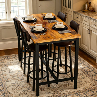 5-Piece Counter Height Bar Table Set with 4 Bar Stools, Industrial Kitchen Island Dining Set with Faux Marble/Wood Tabletop, Pub Table Set with Metal Frame for Small Kitchen