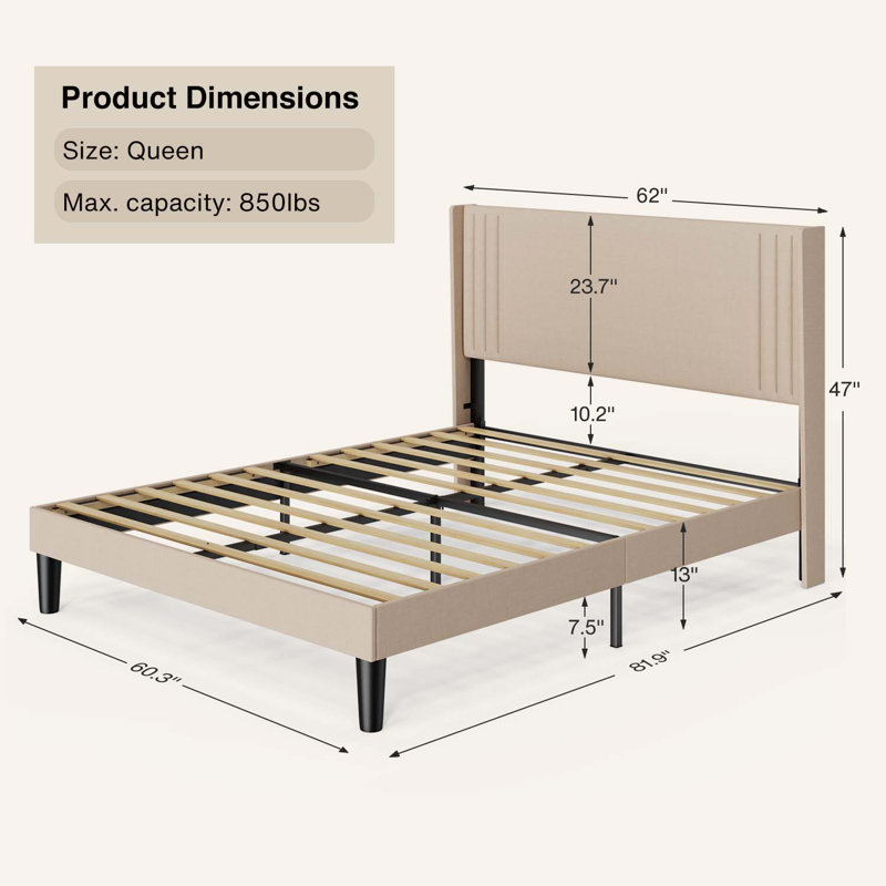 Bettyjean Upholstered Wingback Platform Bed with Padded Headboard and Underbed Storage, Queen, Beige