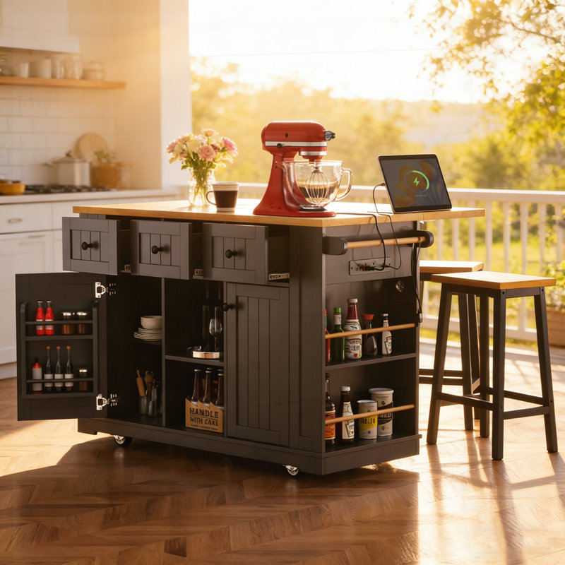 Grand îlot de cuisine de 53 pouces avec rallonge, prise de courant, support de rangement interne et 5 roulettes pour un usage polyvalent.