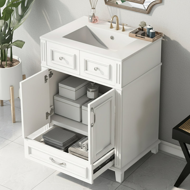 Bathroom Storage Cabinet With Ceramic Sink And Soft Closing Doors, White