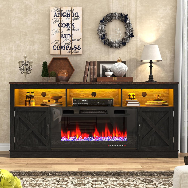 Crédence de rangement avec foyer Zev, 31.5" H x 68.9" W x 15.7" D, Noir