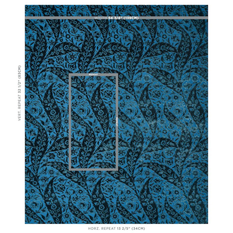 Saz Paisley Silk Velvet Fabric, Blue