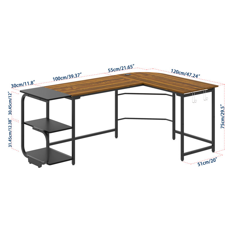 Violetrose L-Shaped Metal Base Computer Desk, Teak