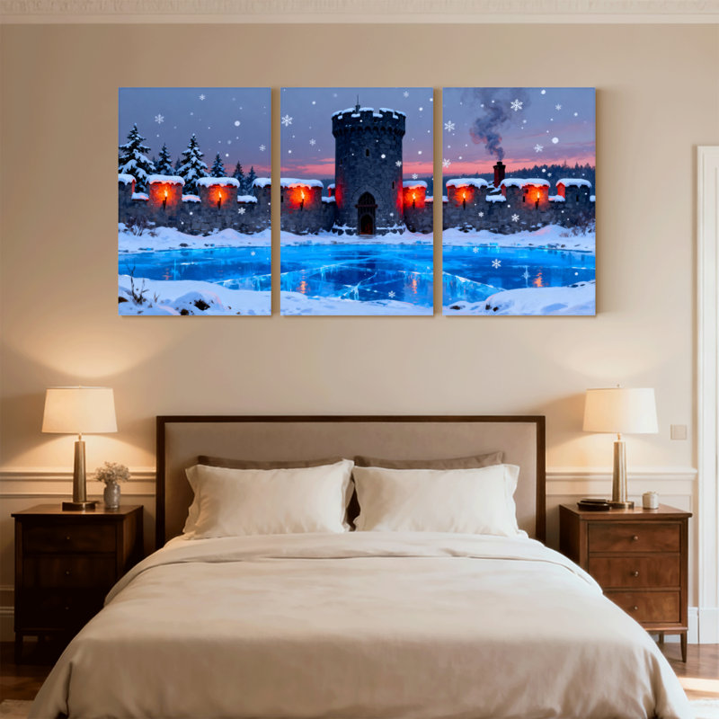 «Mid-Century Winter Castle Snowfall Reflection Ice Lake», ensemble de 3 impressions sur toile, H 18 po x l 36 po
