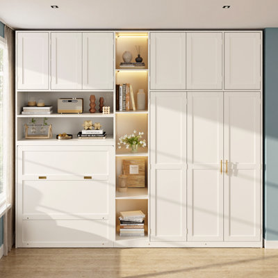 Lit simple escamotable avec garde-robe et tablettes à DEL, lit escamotable mural avec rangement au-dessus, meubles de chambre à coucher peu encombrants pour petites pièces, appartements