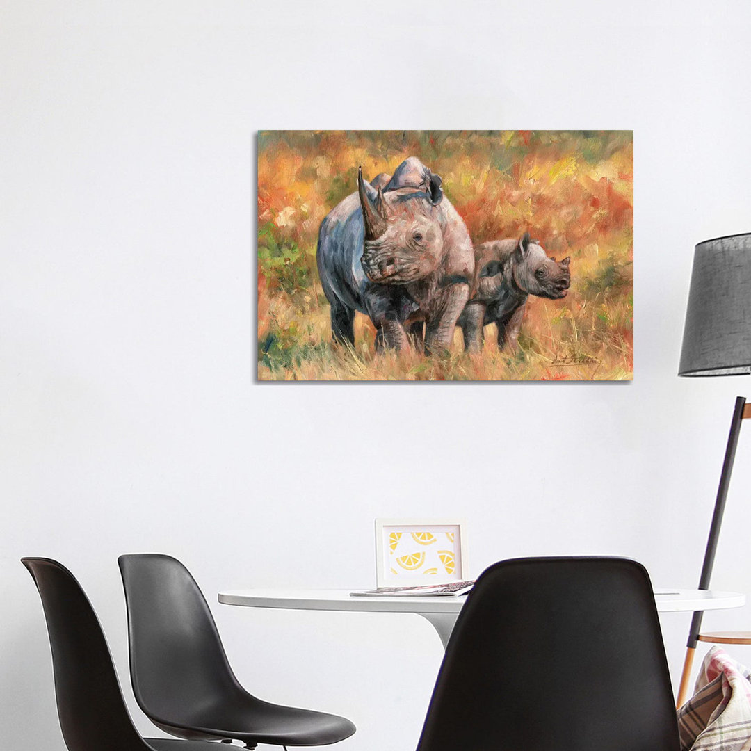 Nashorn und Baby von David Stribbling - Galerie-verpackte Leinwand Giclée