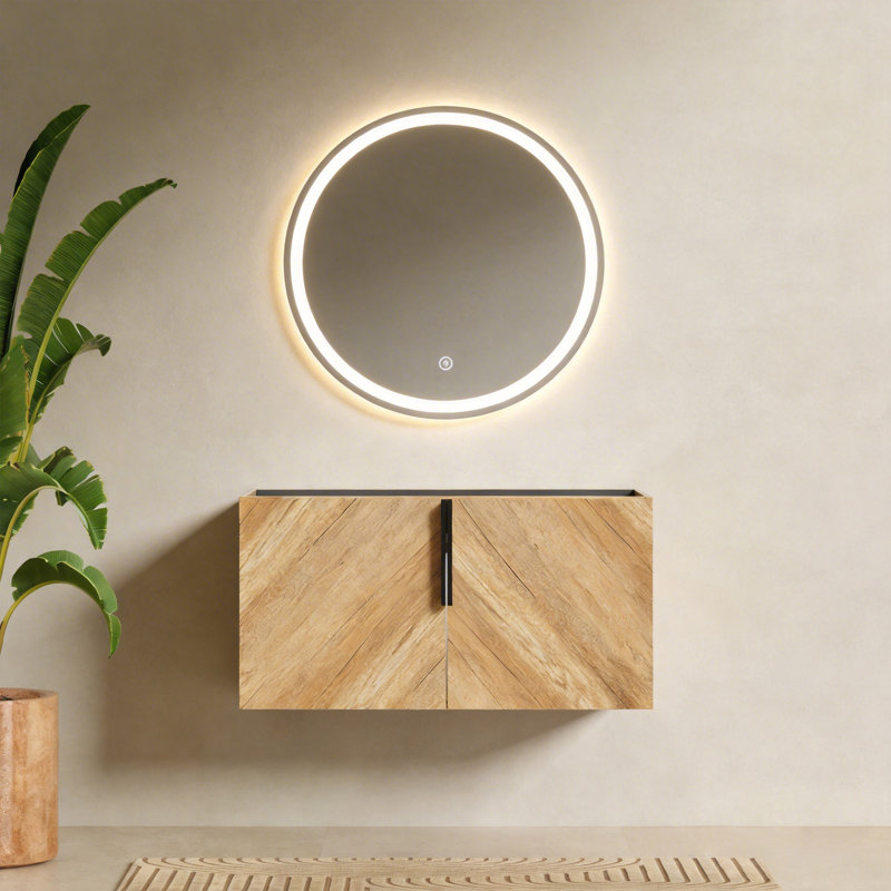 Base de meuble-lavabo flottant 30 po Mid-Century moderne avec grain de bois à chevrons artisanal et rangement à fermeture en douceur