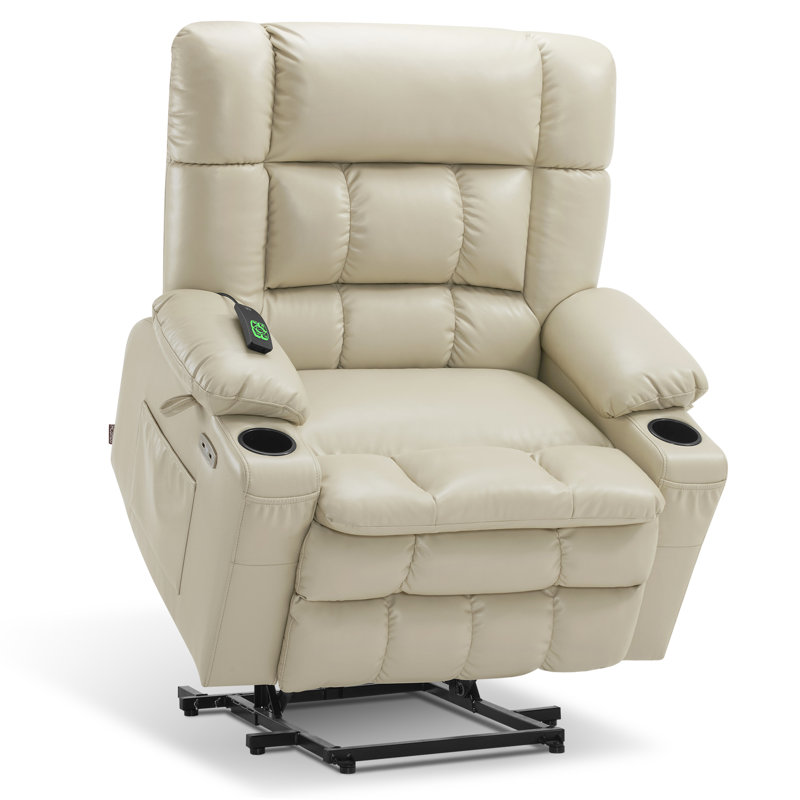 Small Dual Motor Power Recliner Lift Chair Infinite Position, Heat and Vibration Massage, Fabric, Cream White