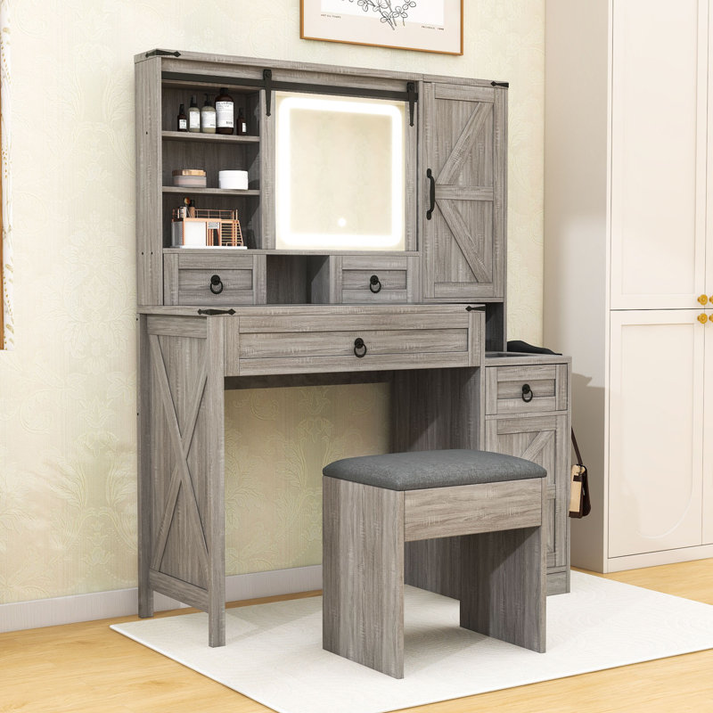 Bureau de maquillage avec bureau intégré, tiroirs, crochets latéraux et tablettes, Gris