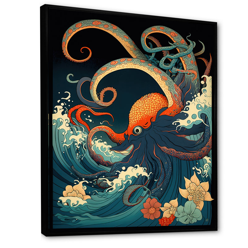 Japanese Landscape With Octopus V - Animal Canvas Wall Art, 32" H x 24" W x 1" D, Black Floater Framed  Canvas