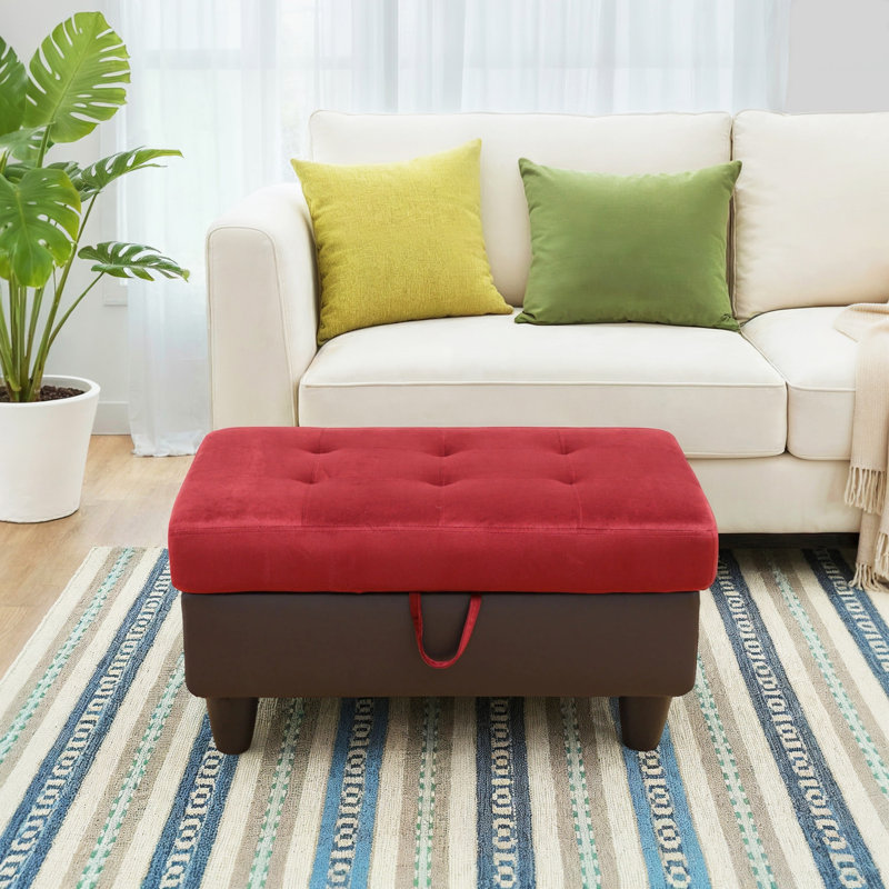 Darryn 35" Wide Upholstered Storage Ottoman, Red/Brown Cotton Blend