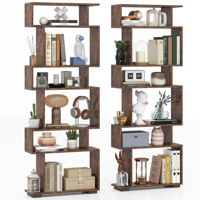 2PCS 6-tier Storage Bookshelf Tall Display Shelf w/ Anti-toppling Kits, Brown