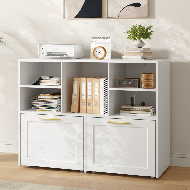 Classeur latéral avec 2 tiroirs, classeur moderne avec cubes de rangement ouverts, classeur de bureau pour format lettre / A4 / blanc