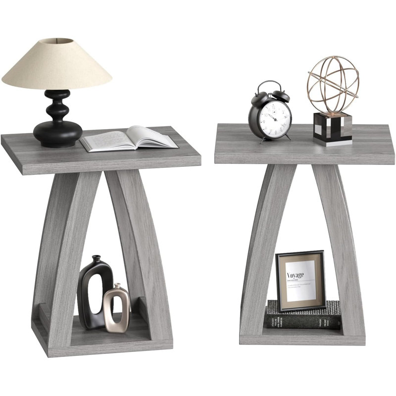 Gray Engineered Wood Square End Table Set with Shelf
