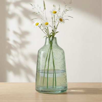 10" Green Clear Glass Tapered Bubble Vase