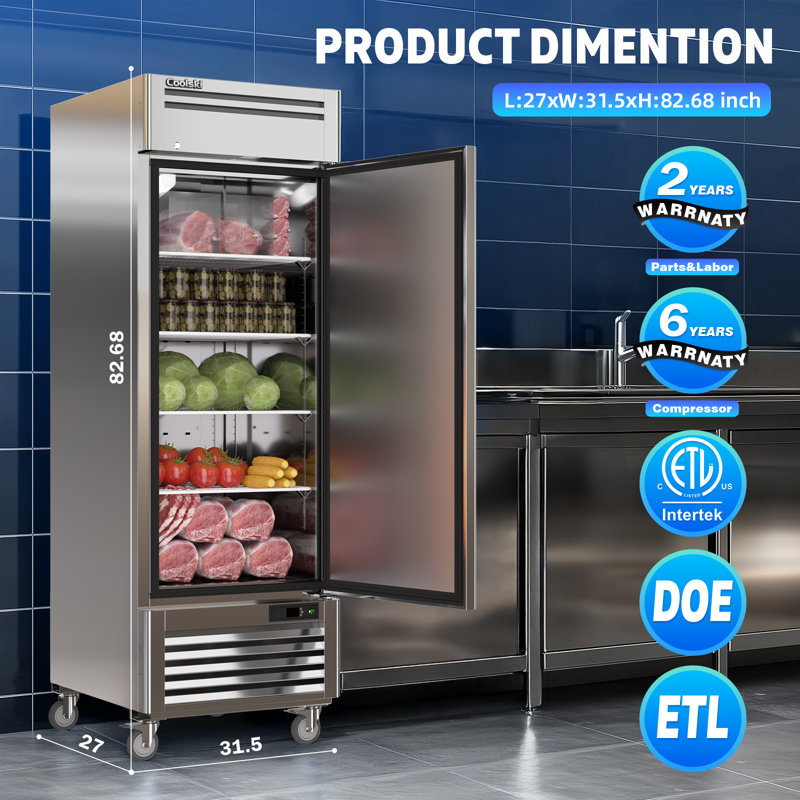 Réfrigérateur commercial l 27 po CMF Coolski, réfrigérateur à porte simple en acier inoxydable de 19,32 pieds cubes