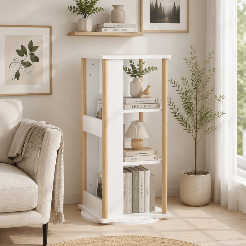 Bibliothèque pivotante à 360° pour enfants avec tableau noir, bibliothèque tournante à 3 niveaux et rangement pour jouets, blanc et naturel