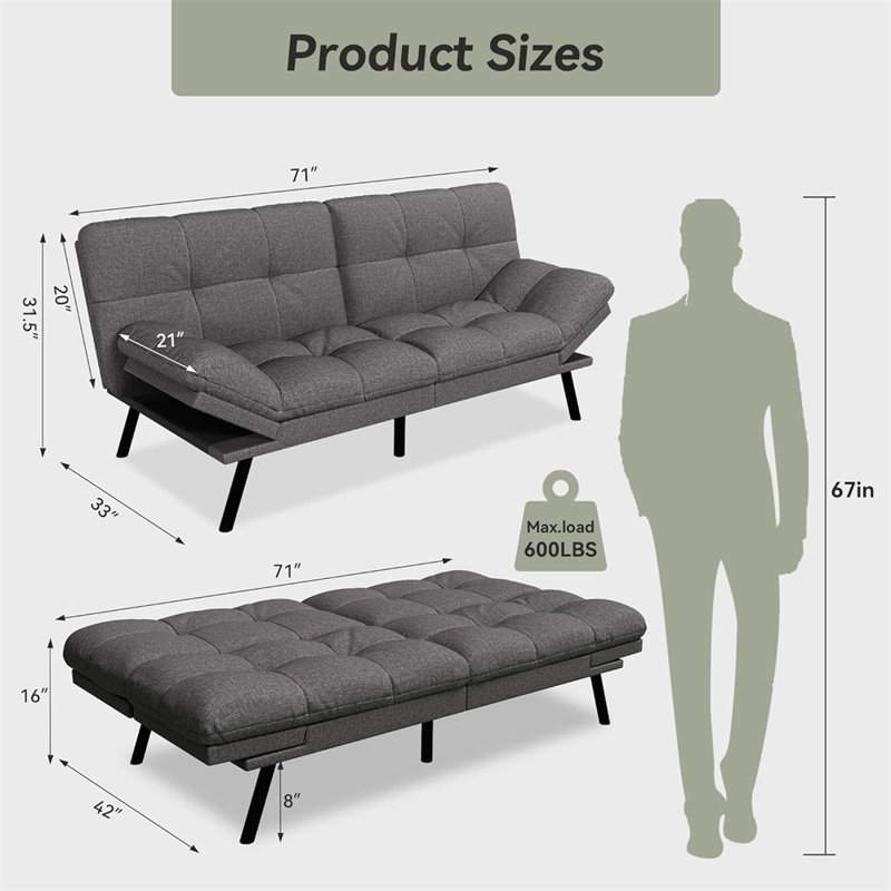 71" Convertible Futon Sofa,Memory Foam Futon Couch Bed,Linen Sleeper Sofa Bed,Small Splitback Modern Loveseat For Living Room,Office,Apartment