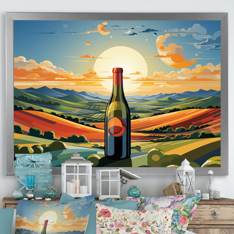 Bouteilles de vin dans des paysages italiens II - art mural vin, H 34 po x l 44 po x P 1,5 po, Cadre de coin argenté fermé