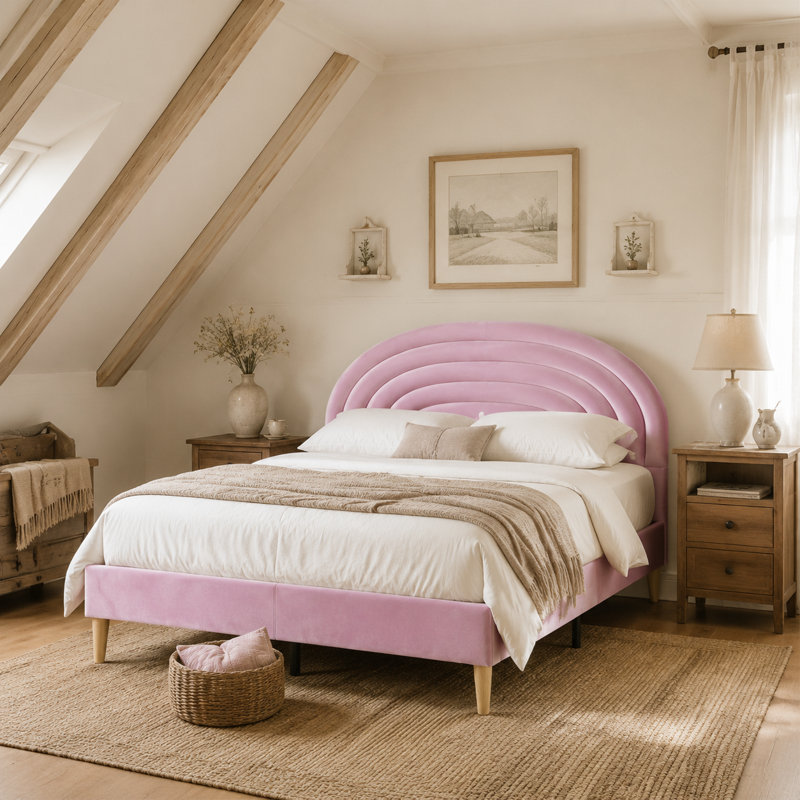 Halis Upholstered Scalloped Bed, Full, Pink Velvet