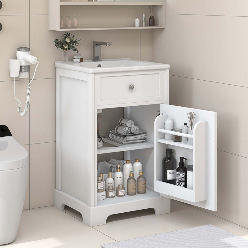Meuble-lavabo de 20 po avec lavabo, armoire de salle de bain avec porte à fermeture douce, support de rangement et tablette réglable