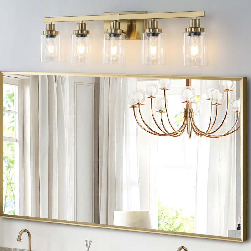 Golden Modern Iron Metal 5- Vanity Lamp With Clear Glass Shades, Bathroom Wall Sconce For Mirror, Ideal & Dressing Table Space, E26 Bulb Applicable  No Bulbs Glass, Mirror Fixture, Sophistication,