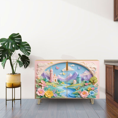 Sideboard Buffet Cabinet with Storage Whimsical Pastel Fairy Tale Landscape Castles Flowers with 2 Doors for Living Room and Kitchen