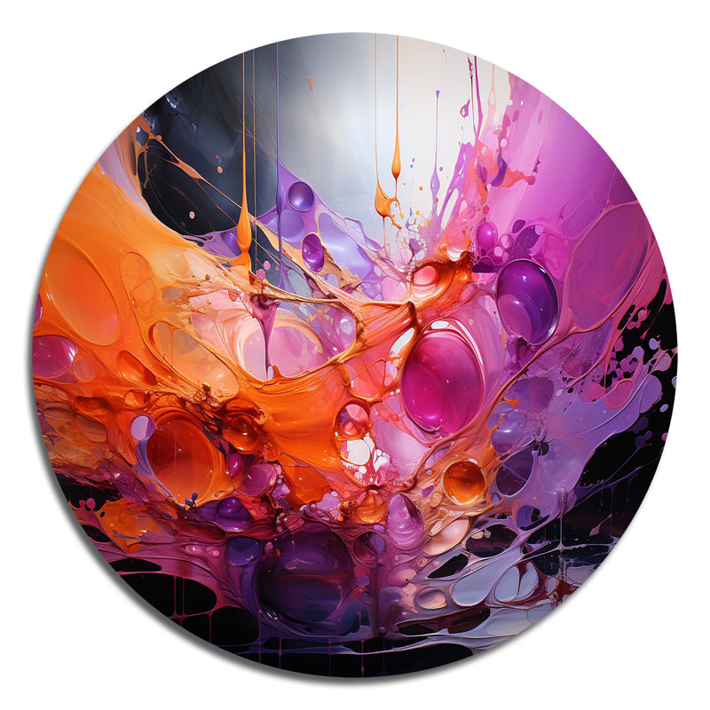 Orange Purple Abstract Fractal Collage Reflections - Abstract Round Metal Art, 16" H x 16" W x 1" D