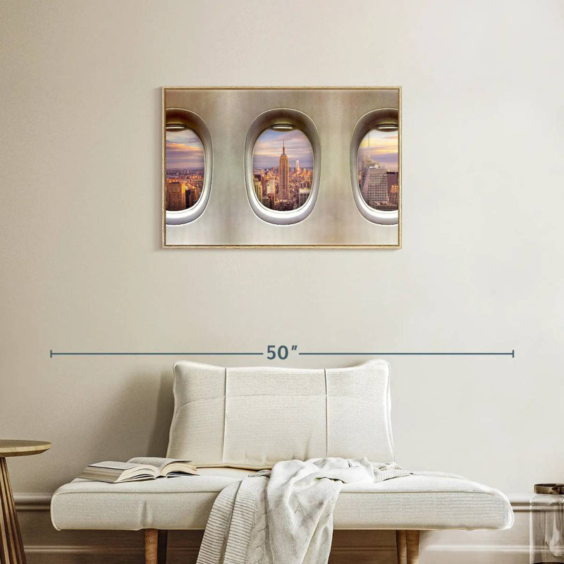 Fenêtres rétro pour avion, Cadre flottant en bois naturel, 31 po x 21 po