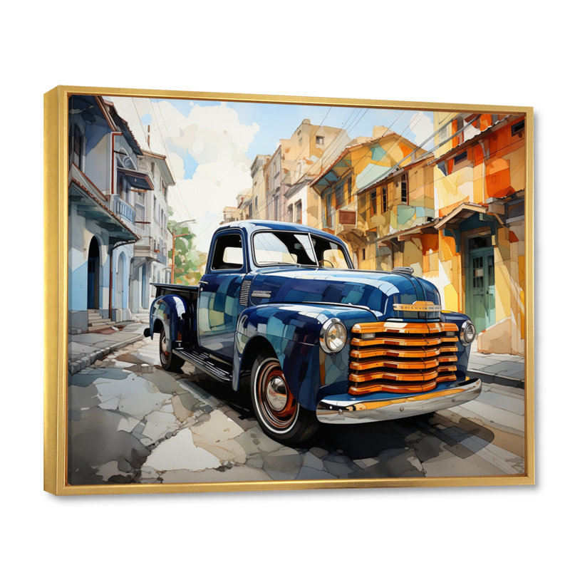 Orange Blue Pickup Truck Bold Contours II - Transportation Canvas Prints, Cadre flottant doré, H 16 po x l 32 po x P 1 po