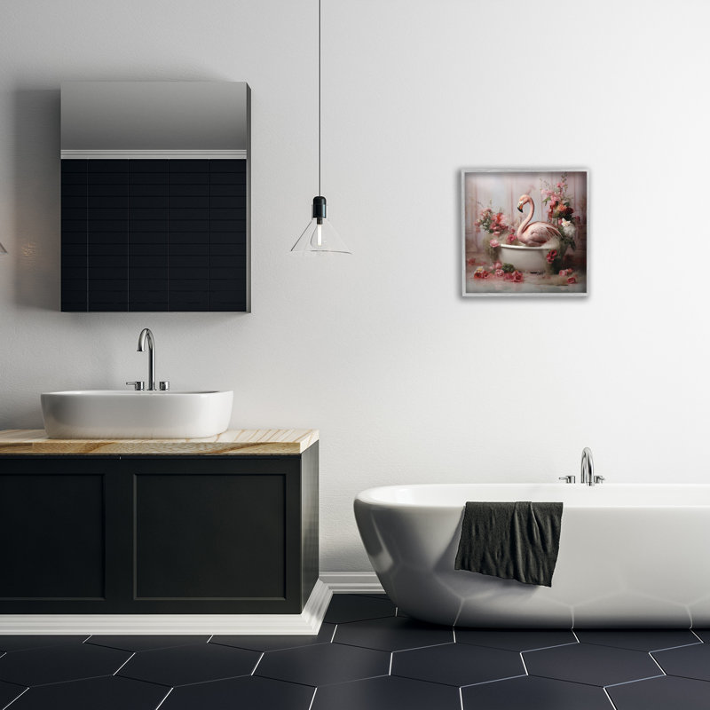 «Flamingo in Stately Bathroom», estampe numérique encadrée par Lazar Studio, Estampe numérique Farmhouse, H 17 po x l 17 po