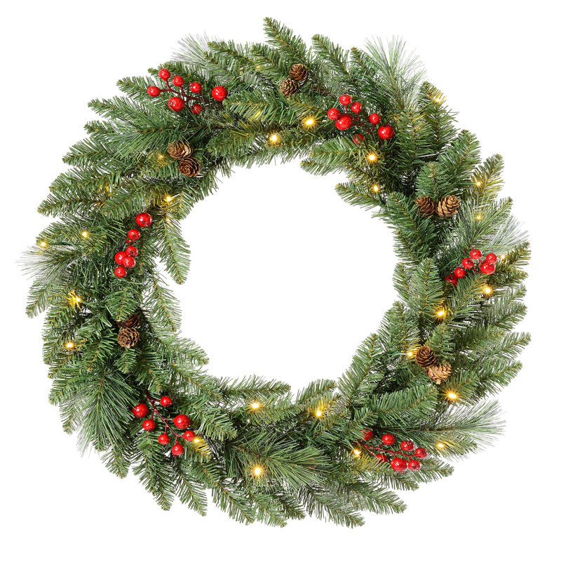 Couronne de Noël classique de 61 cm (24 pouces) pré-illuminée et pliable