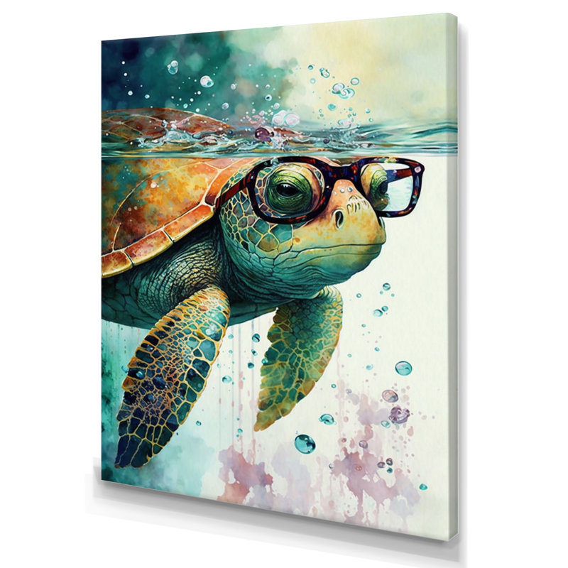 Tortue avec des lunettes dans l'océan II - tortue, art mural, H 20 po x l 12 po, Toile tendue