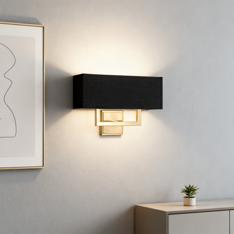 Applique murale moderne 16 lumières 2 lumières avec abat-jour rectangulaire en tissu noir et finition laiton froid pour l'intérieur et l'humidité